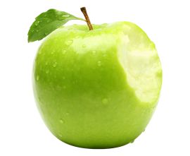 EIn gr&uuml;ner Apfel bei dem auf der rechten Seite ein st&uuml;ck abgebissen wurde