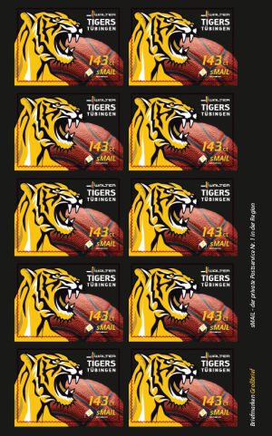 sMail Sonderbriefmarken (Set 10: 143 ct) mit einem Tiger und einem Basketball darauf und es steht Tigers Tübingen rechts oben
