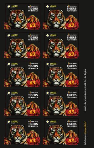 sMail Sonderbriefmarken (Set 11: 83 ct) mit einem Tiger und einem Basketball von Tiger Tübingen darauf