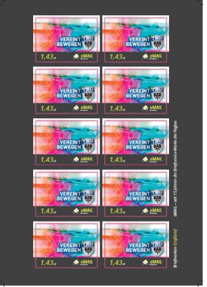 sMail Sonderbriefmarken (Set 14: 143 ct) mit bunten Schatten von Personen die sie Bewegen darauf und das TSG Logo